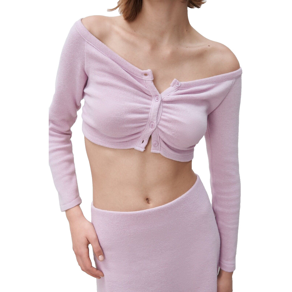 Zara Women's Soft Ruched Cropped Cardigan Button Down Long Sleeve Size M Pink